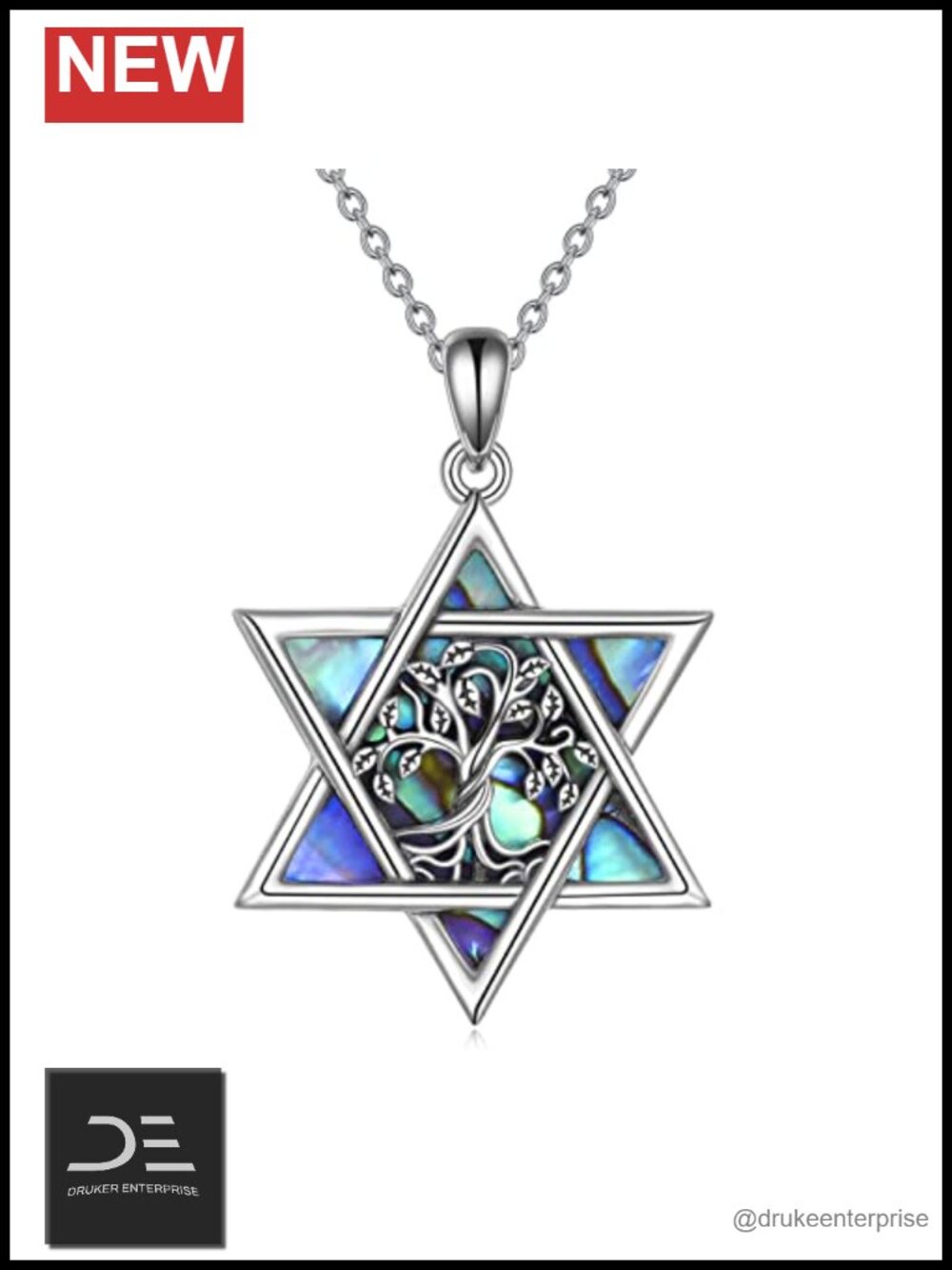 Sterling Silver Star of David Abalone Shell Necklace, Tree of Life Jewish